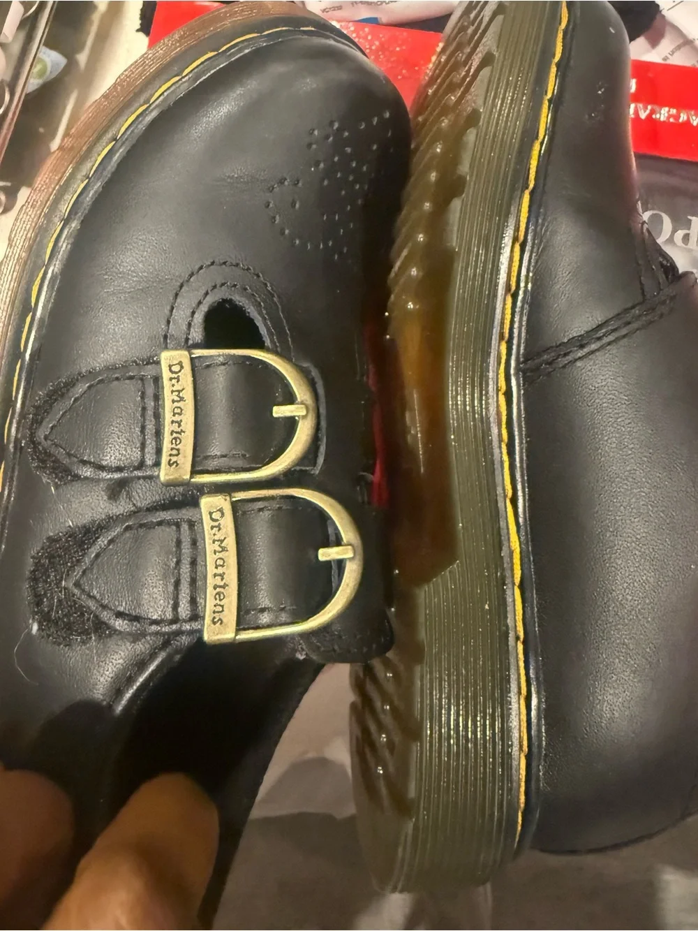 Dr. Martens Black Leather Double Monk Strap Shoes with Yellow Stitching